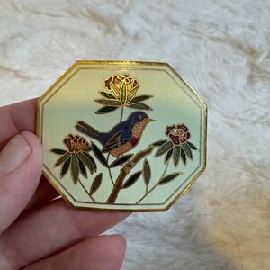 Vintage Cloisonne Enamel Bird and Flower Octagon Belt Buckle Gold Tone 2.25"